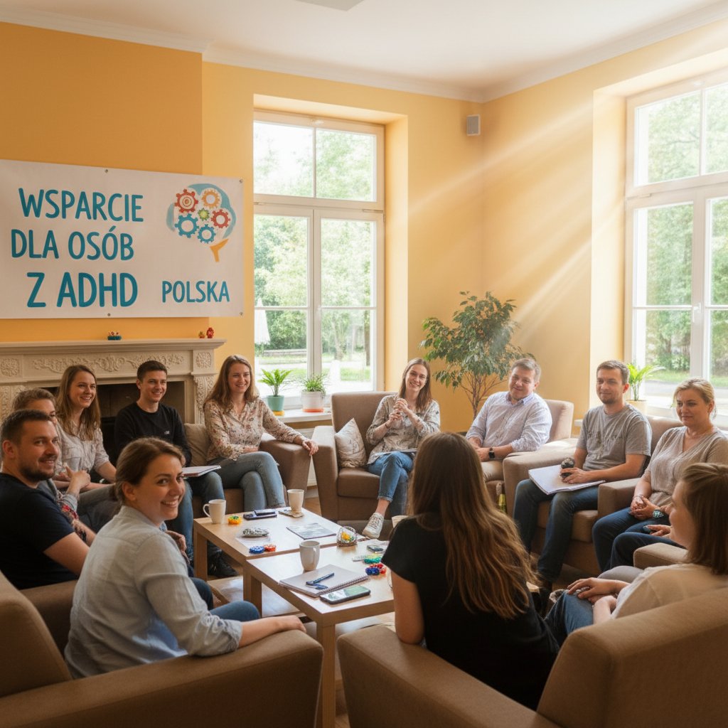 Grupa wsparcia dla osób z ADHD w Polsce, pozytywna atmosfera, różnorodne osoby siedzące w kręgu