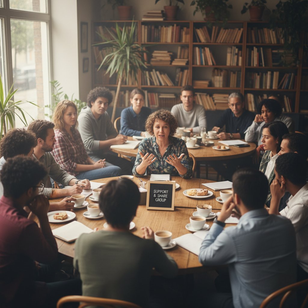Grupa wsparcia spotykająca się w kawiarni, wspólnie rozmawiająca i wspierająca się