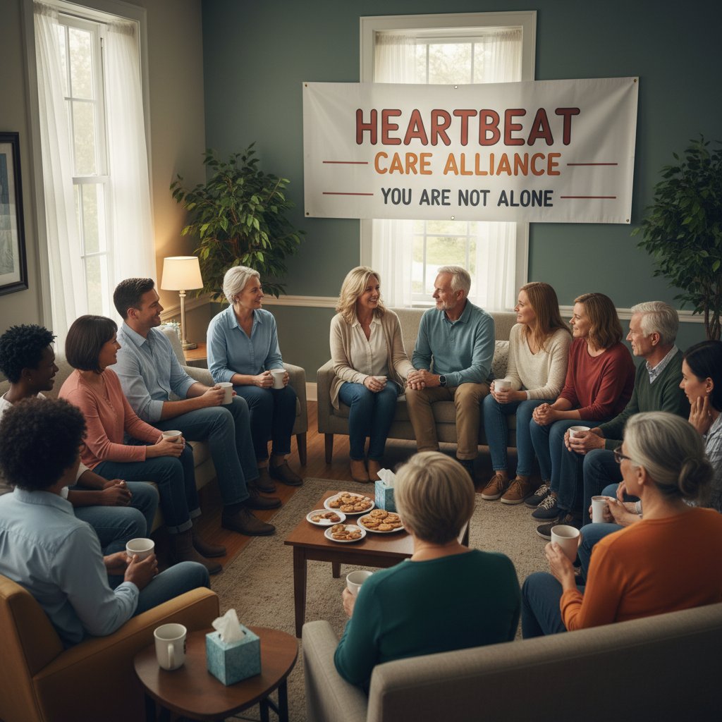 Spotkanie grupy wsparcia dla opiekunów osób z chorobą serca, wspólna rozmowa, ciepła atmosfera