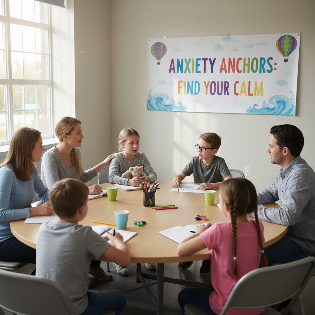 Grupa wsparcia, dzieci i rodzice rozmawiający o emocjach – otwarta rozmowa o lęku