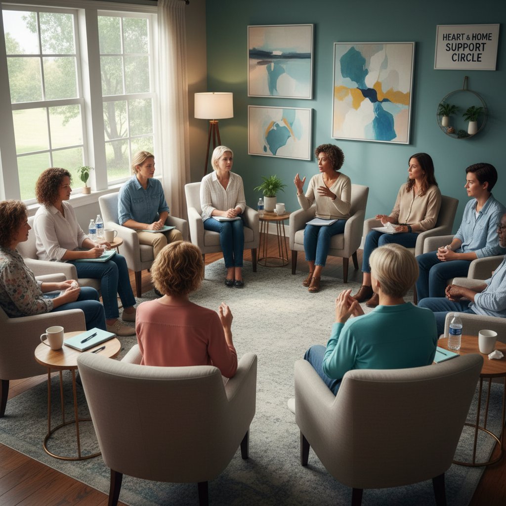 Grupa osób siedząca w kręgu, dyskutująca na spotkaniu wsparcia emocjonalnego