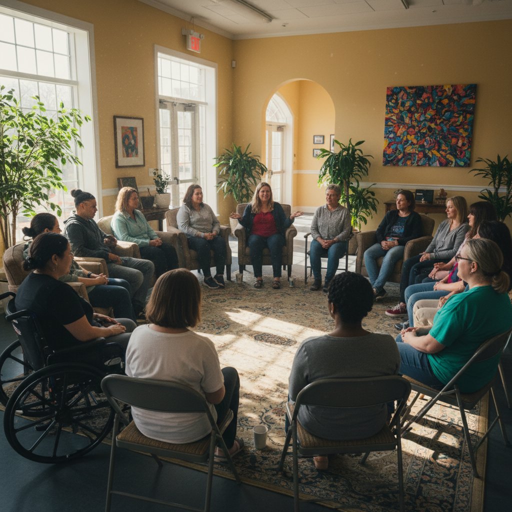 Grupa wsparcia siedzi w kręgu, różnorodne osoby rozmawiają, atmosfera otwartości