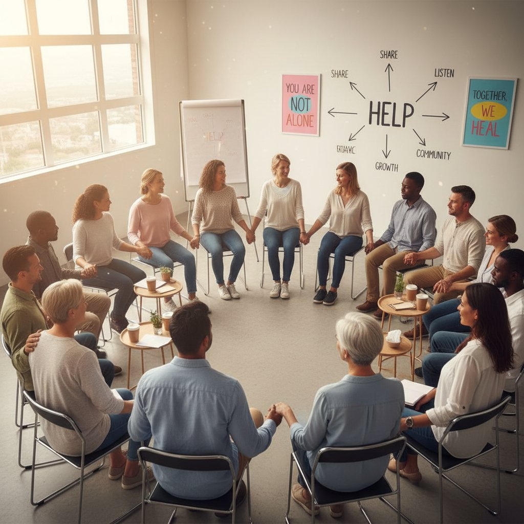 Grupa wsparcia siedząca w kręgu, rozmowa w przyjaznej atmosferze – ilustracja dostępnych form pomocy