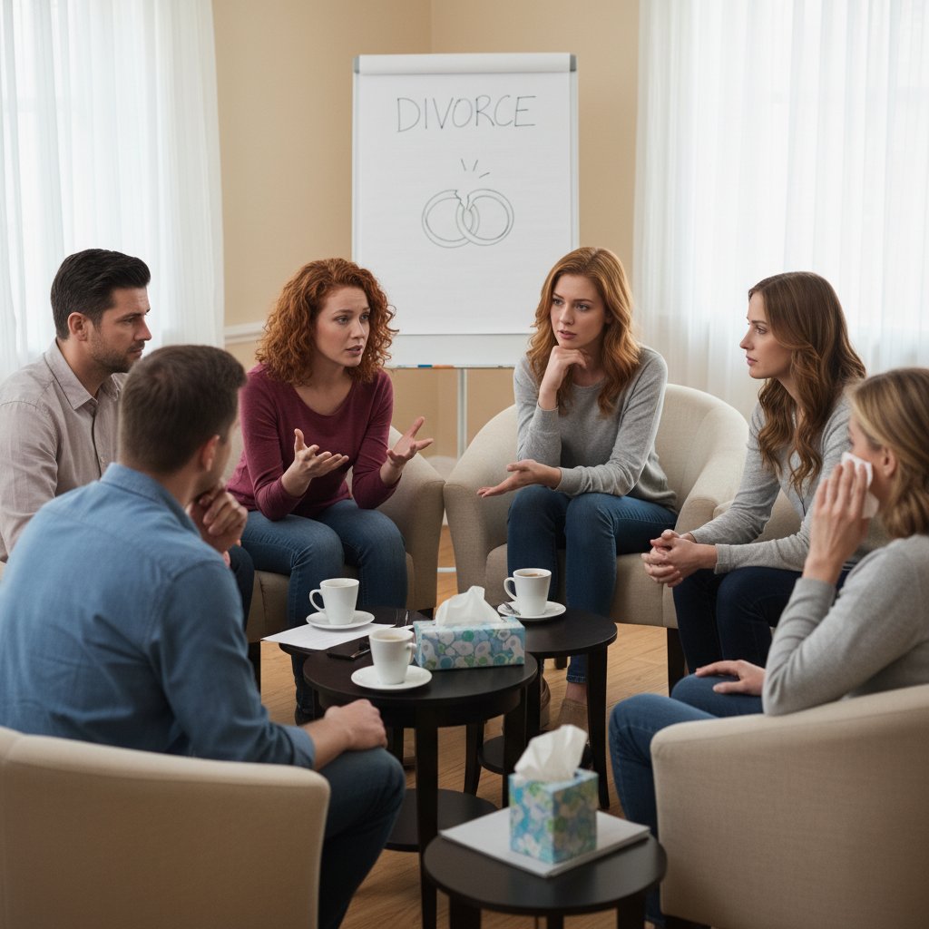 Grupa wsparcia siedząca w kręgu, rozmawiająca szczerze o emocjach po rozwodzie