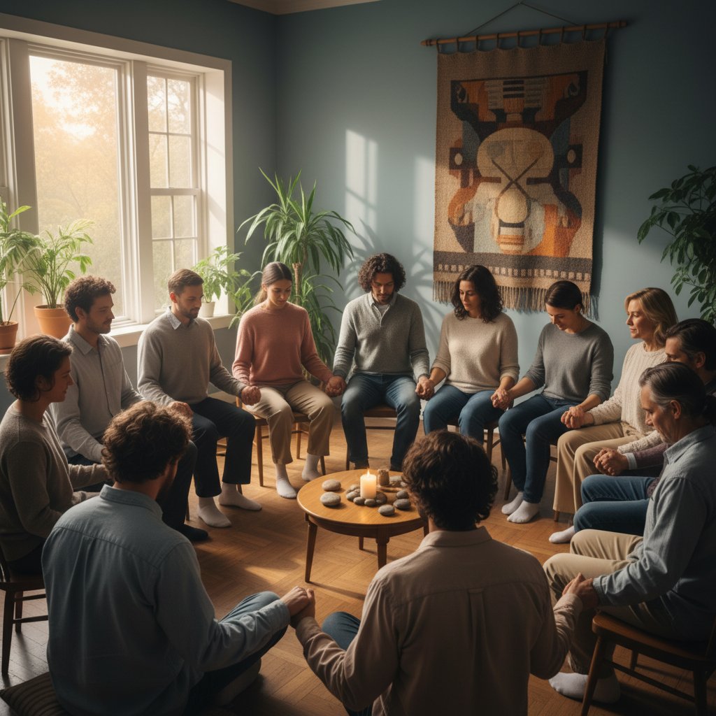 Grupa osób siedzących w kręgu podczas spotkania wsparcia, atmosfera akceptacji i zaufania