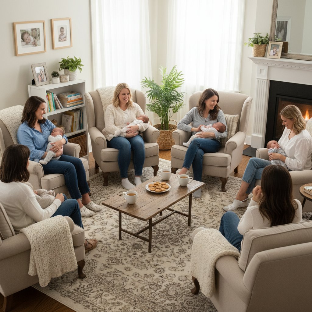Grupa wsparcia dla świeżo upieczonych mam, przytulna atmosfera, rozmowy o baby blues