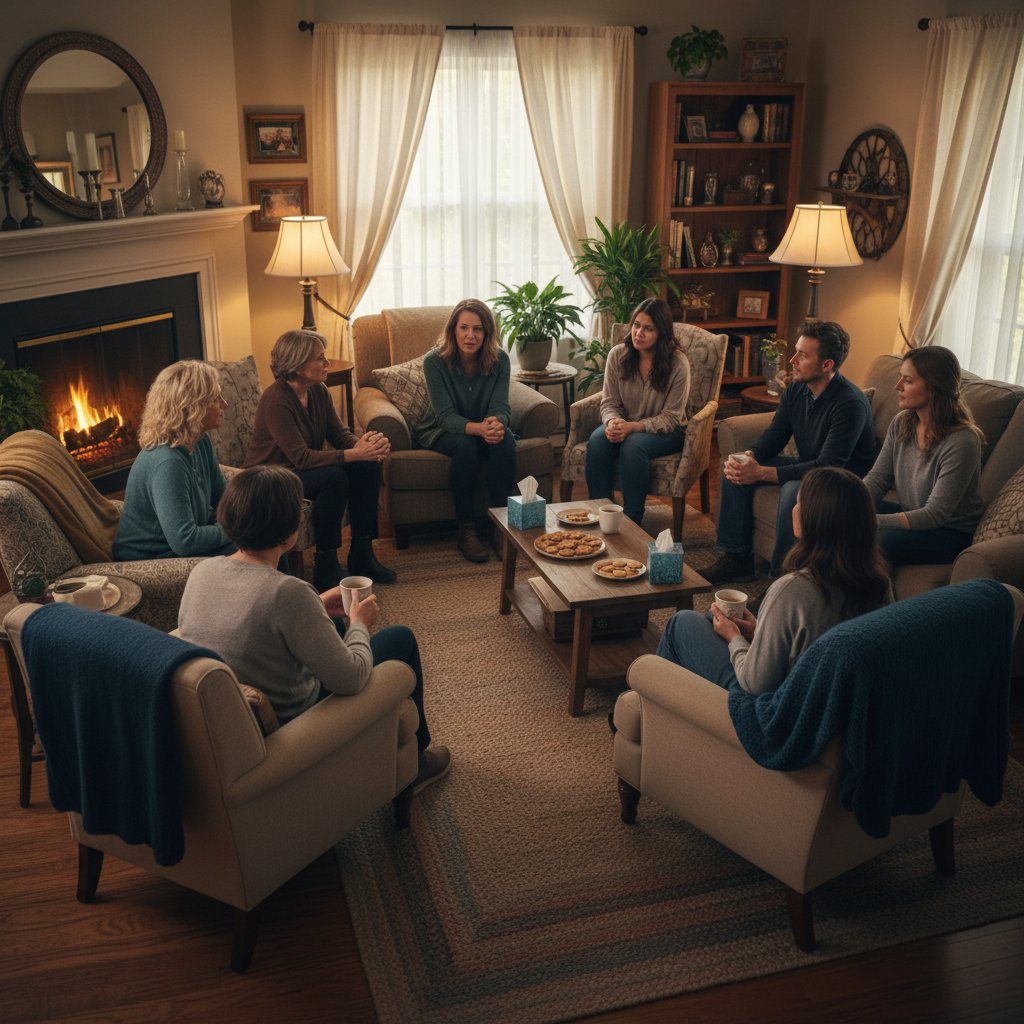 Grupa wsparcia w przytulnym pokoju, ciepłe światło, walka z samotnością