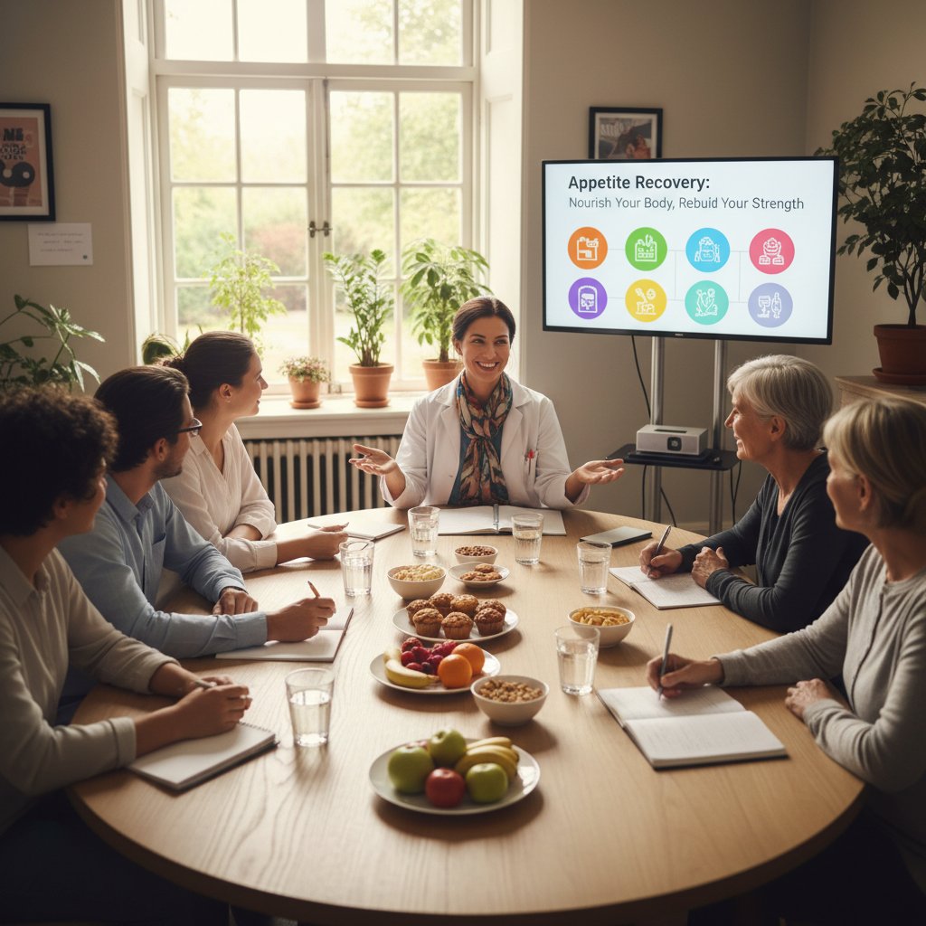 Spotkanie grupy wsparcia lub konsultacja dietetyczna – symbol wsparcia w odzyskiwaniu apetytu