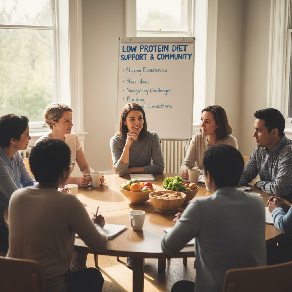 Grupa wsparcia, ludzie rozmawiają przy stole, wspólna walka z dietą niskobiałkową