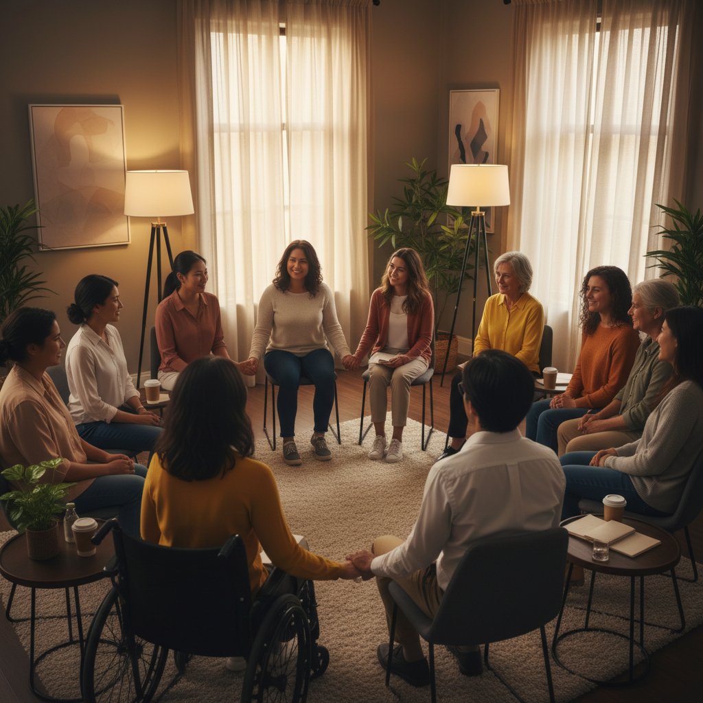 Wspólna rozmowa w grupie wsparcia osób z doświadczeniem manii