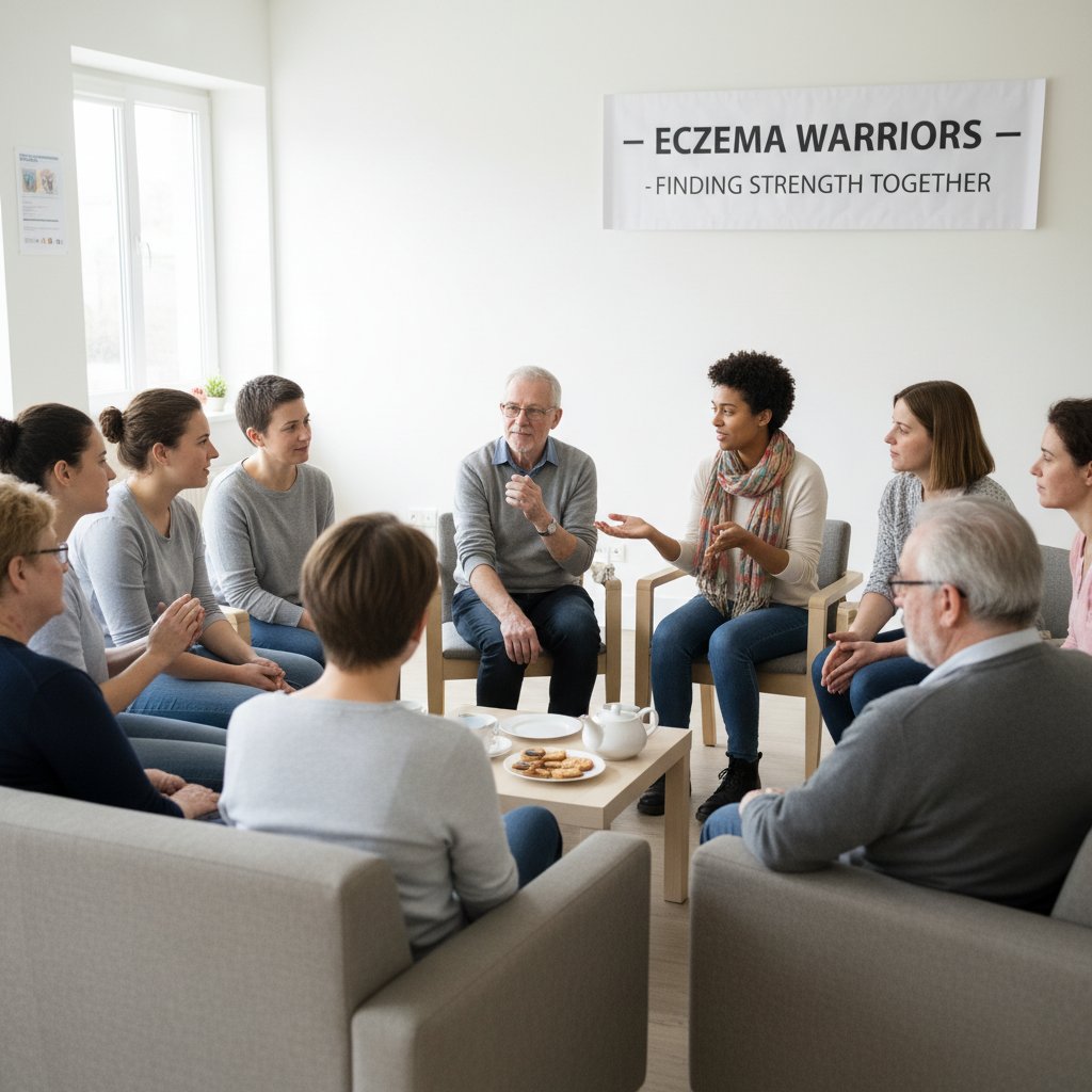 Zdjęcie grupy wsparcia dla osób z AZS, spotkanie w sali, wymiana doświadczeń