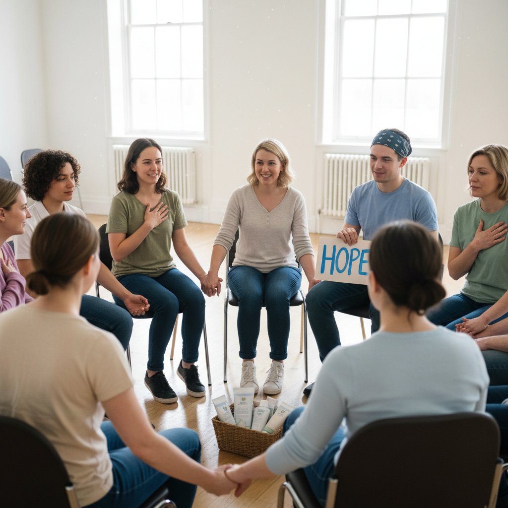 Grupa osób wspierających się nawzajem w walce z egzemą, atmosfera nadziei i solidarności