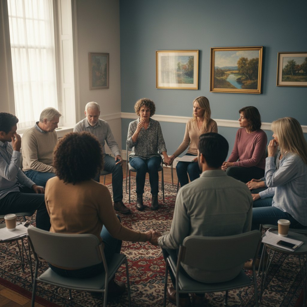Grupa osób rozmawiająca w kręgu, sesja wsparcia, przełamywanie tabu zaniedbania emocjonalnego