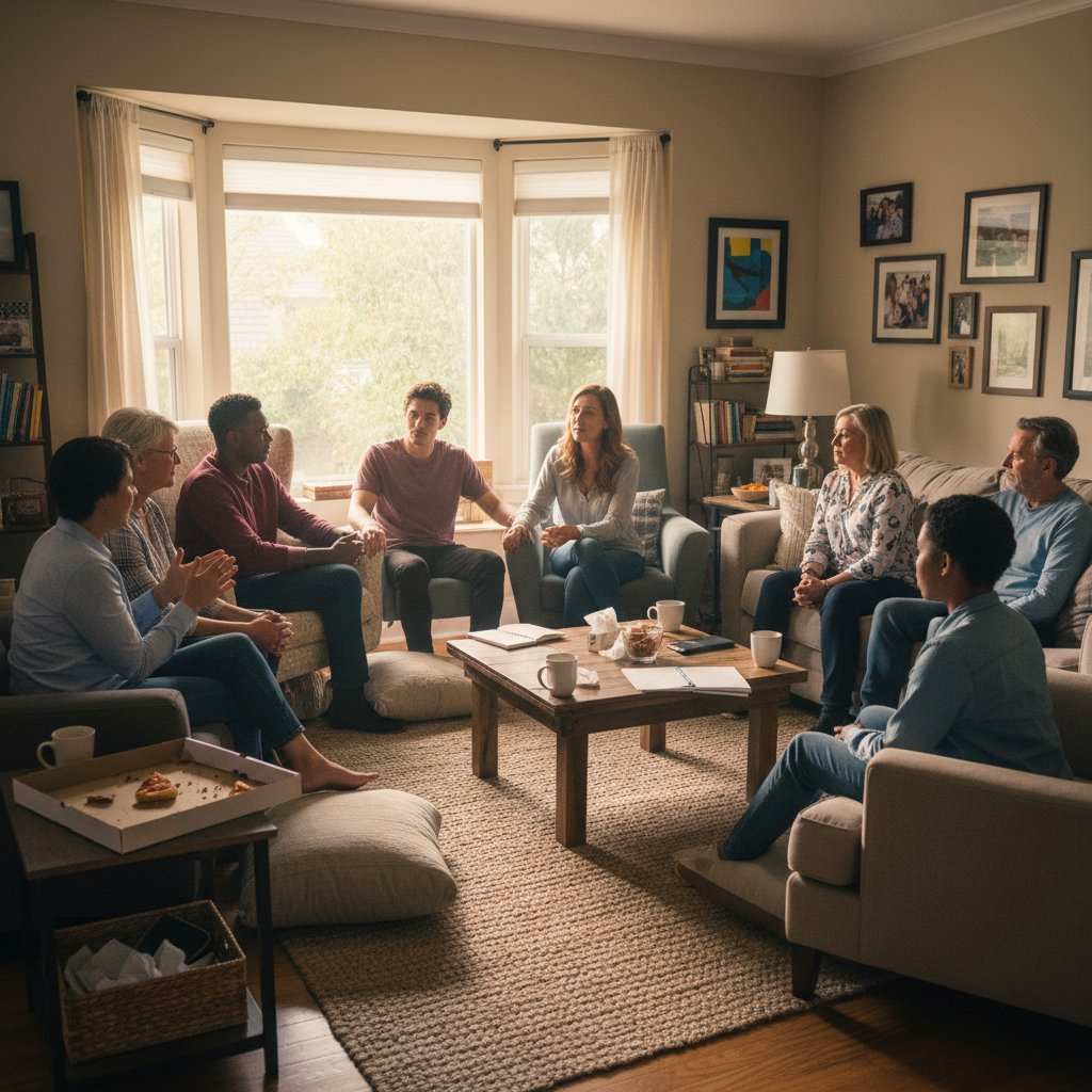 Grupa ludzi podczas szczerej rozmowy w domowym zaciszu, symbol wsparcia i przełamywania tabu, terapia uzależnień, emocje
