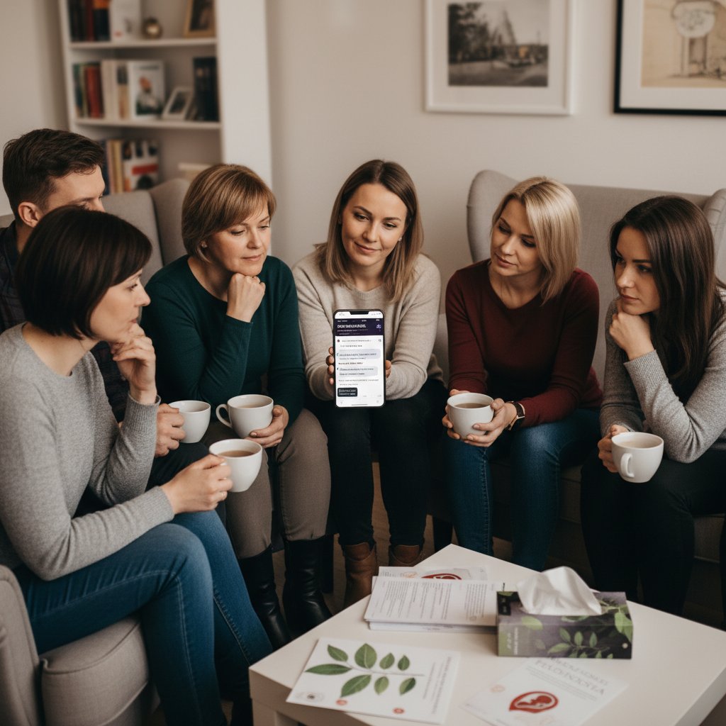 Ekran smartfona z otwartą grupą wsparcia dotycząca płodności, wyświetlającą posty użytkowników