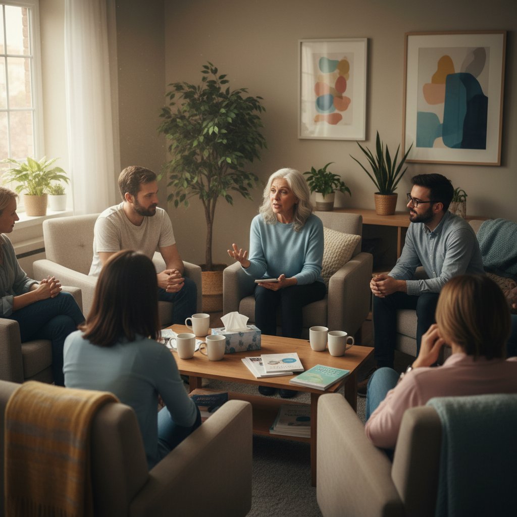 Grupa ludzi w różnym wieku siedząca przy stole, rozmawiająca o zdrowiu, symbol wsparcia i wymiany doświadczeń związanych z CFS