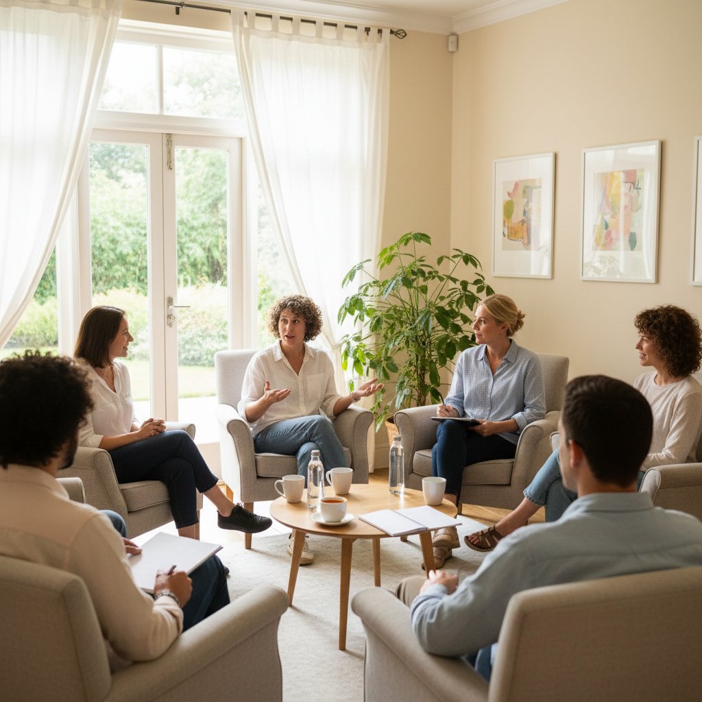 Grupa wsparcia zdrowotnego, różne osoby rozmawiają w jasnym pomieszczeniu