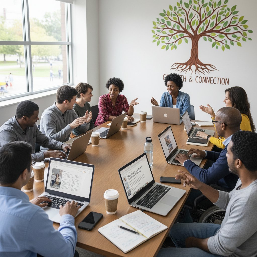 Grupa osób rozmawiających przy laptopach i smartfonach – społeczność wsparcia zdrowotnego