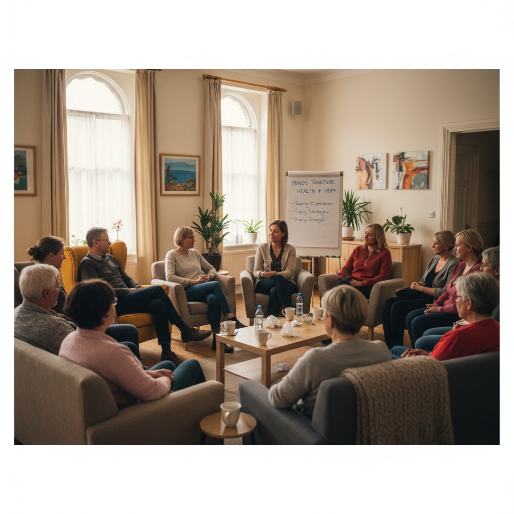 Grupa wsparcia – kilka osób siedzących w kręgu, rozmawiających o zdrowiu, wsparcie społeczne