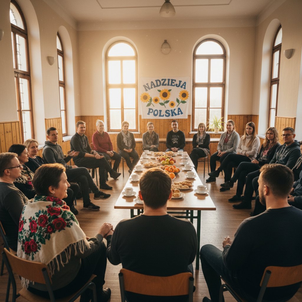 Grupowe spotkanie wsparcia w polskim kontekście, ludzie siedzą w kręgu, nadzieja, pozytywna energia – obraz ilustrujący alternatywne terapie w schizofrenii