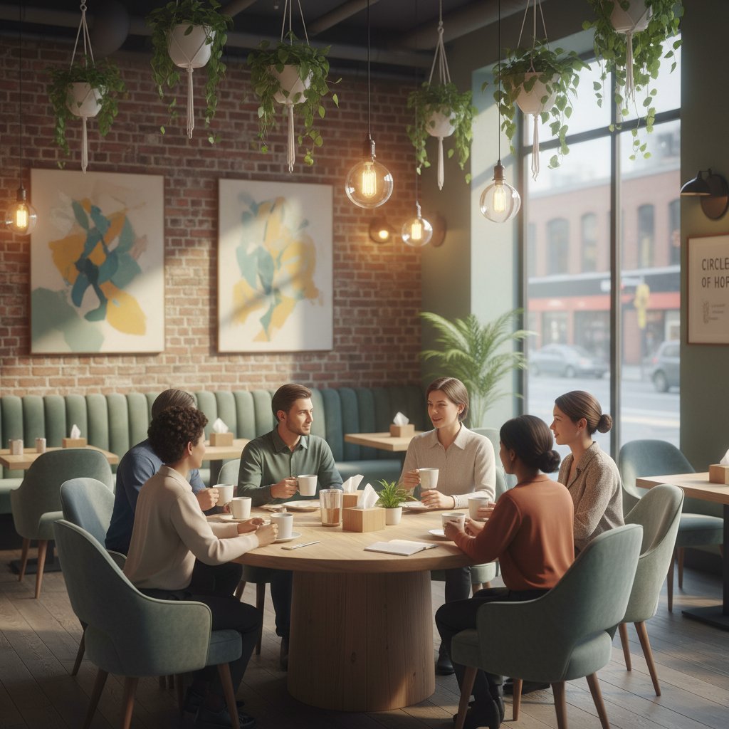 Zdjęcie rozpromienionej grupy wsparcia w nowoczesnej kawiarni, atmosfera ciepła i akceptacji