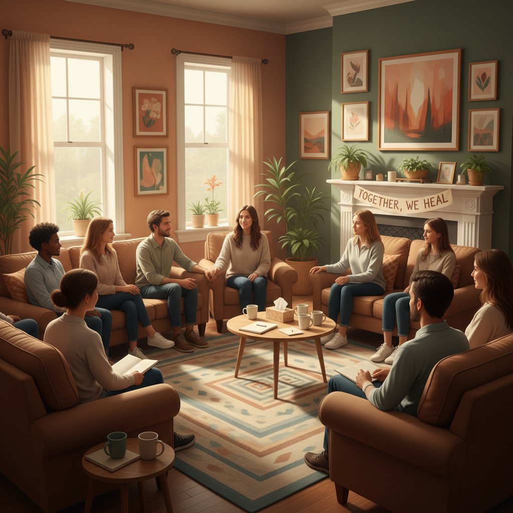Grupa wsparcia dla osób z zaburzeniami nastroju, ciepła atmosfera, wspólna rozmowa
