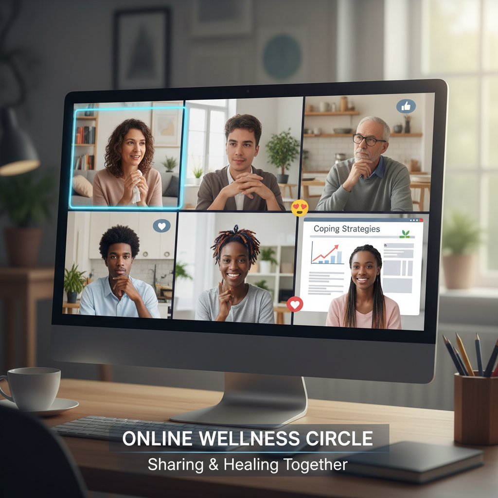 Spotkanie grupy wsparcia online, różnorodne osoby dzielące się doświadczeniem – ilustracja alternatywnych form pomocy