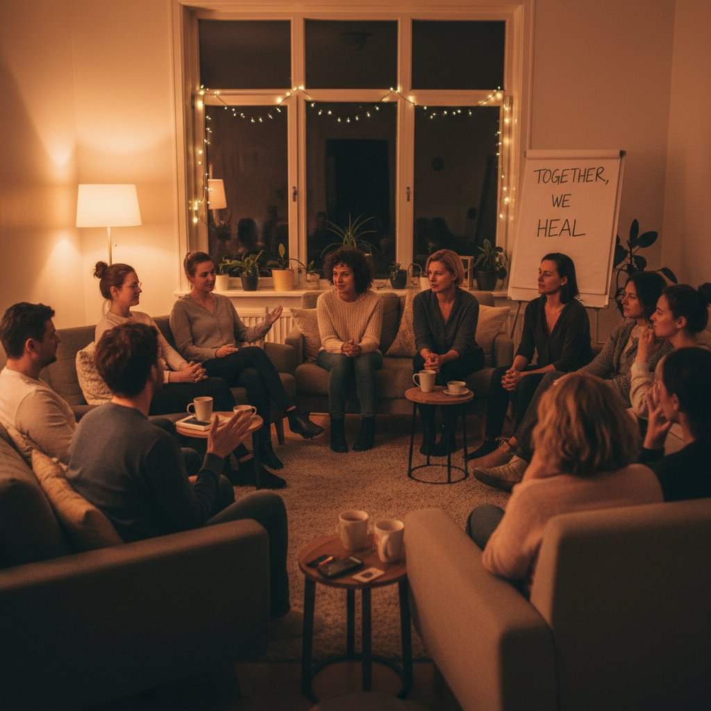 Grupa ludzi siedzących w kręgu, otwarta rozmowa, wsparcie, ciepłe światło