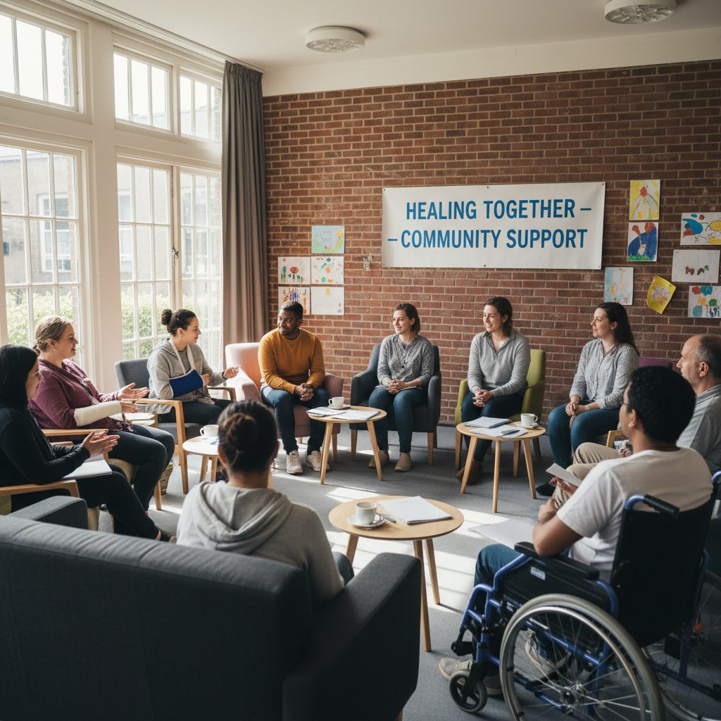 Grupa osób na spotkaniu wsparcia, rozmowy, uśmiechy, wspólnota