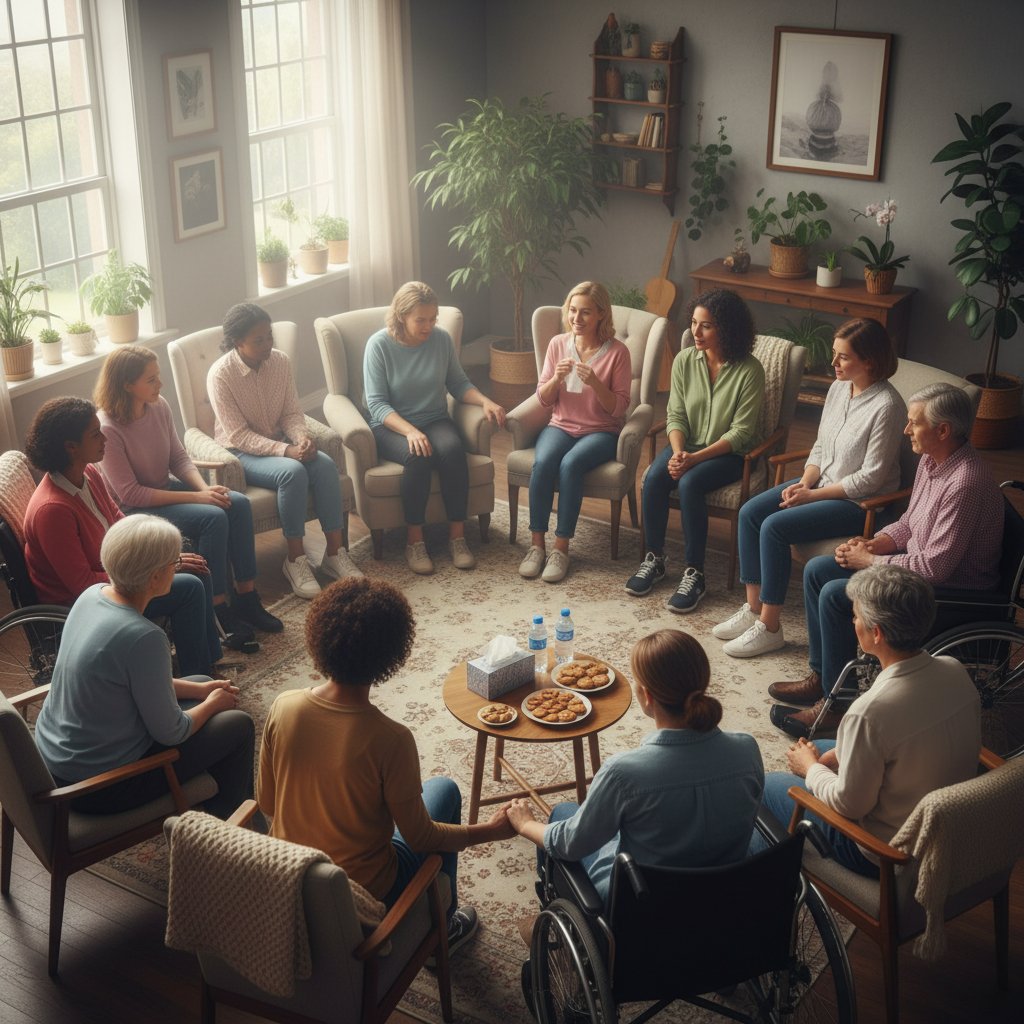 Spotkanie grupy wsparcia pacjentów, różni ludzie przy stole, ciepła atmosfera