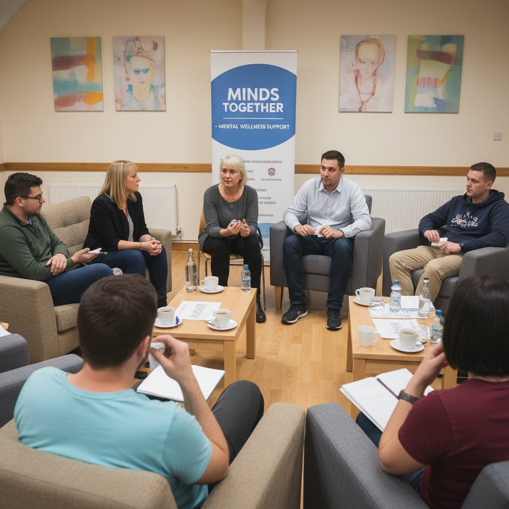 Grupa osób wspierających się nawzajem podczas rozmowy – symbol siły wsparcia społecznego