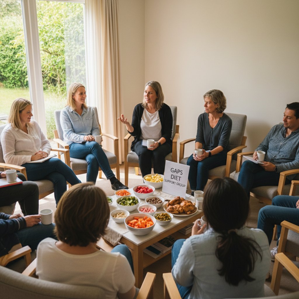 Grupa osób rozmawiających i wspierających się podczas zmiany diety GAPS