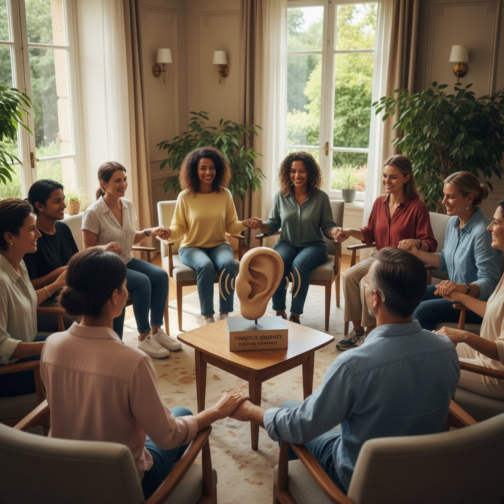 Grupa osób na spotkaniu wsparcia, trzymająca się za ręce, pozytywna atmosfera – symbol wsparcia i wspólnoty dla osób z szumami usznymi