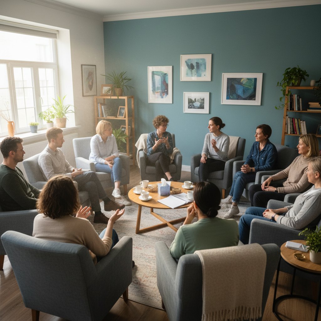 Spotkanie grupy wsparcia psychologicznego – kilka różnych osób w kręgu, otwarta rozmowa