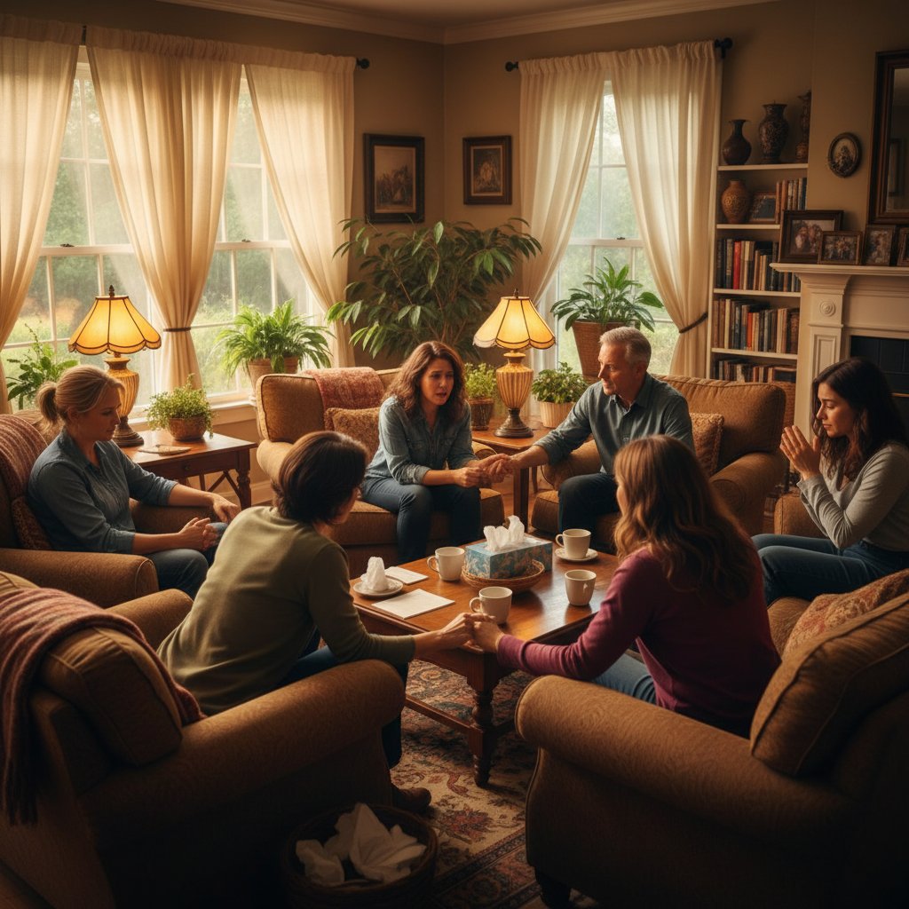 Grupa osób rozmawiająca w kręgu wsparcia, ciepłe światło, wyraźne emocje