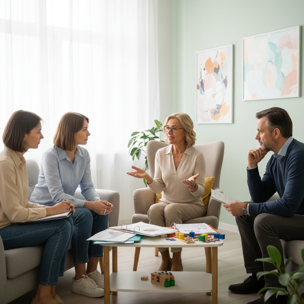 Grupa wsparcia, psycholog prowadzący spotkanie, osoby rozmawiające, wsparcie po badaniu