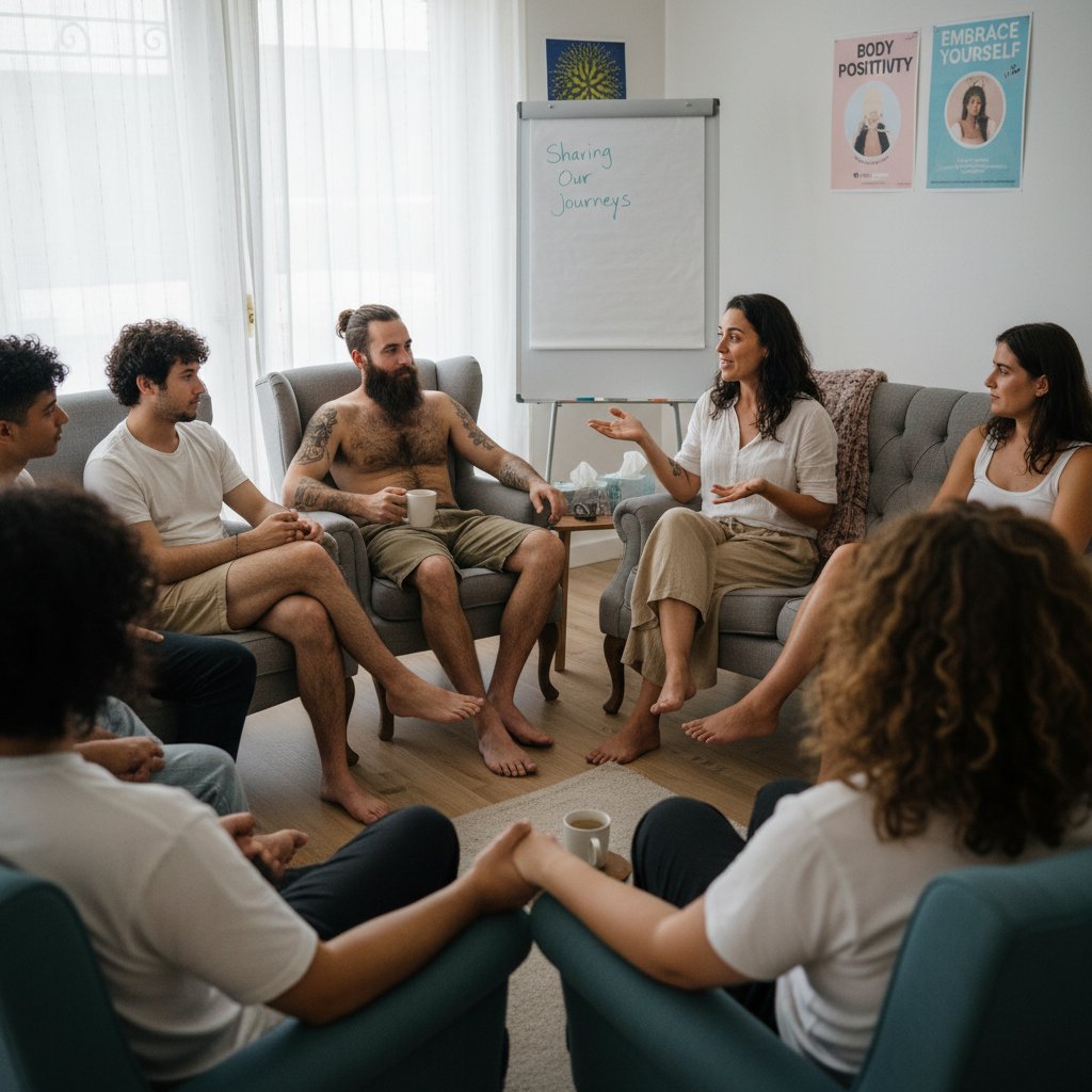 Grupa osób podczas spotkania wsparcia, wymieniająca się doświadczeniami związanymi z owłosieniem