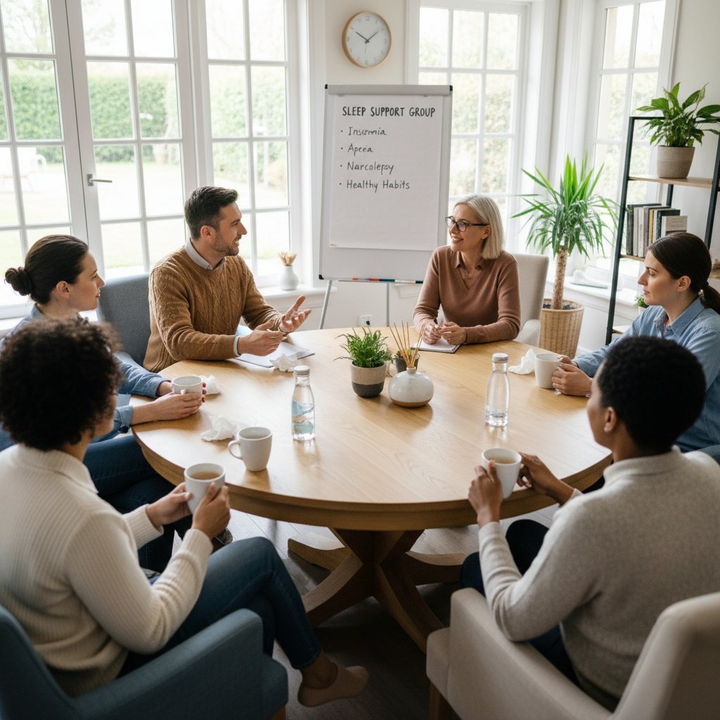 Grupa osób w poradni psychologicznej, rozmowa o problemach ze snem