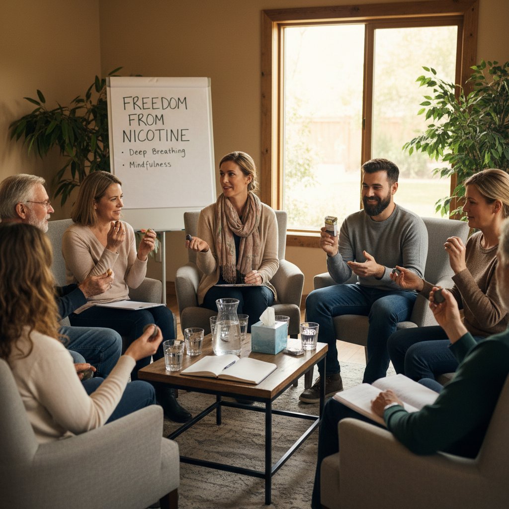 Grupa wsparcia dla osób walczących z nikotynizmem, terapeuta i uczestnicy na krzesłach