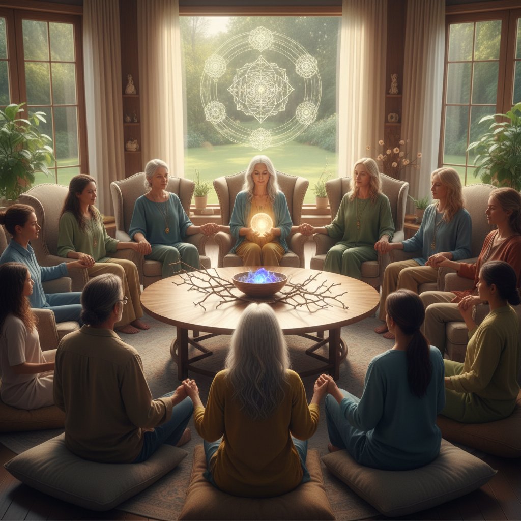 Grupa ludzi wspierających się podczas procesu przebudzenia duchowego, symbol wsparcia i otwartości