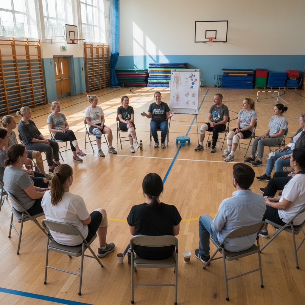 Grupa wsparcia dla osób po urazie kolana podczas spotkania w hali sportowej – zdjęcie dokumentalne