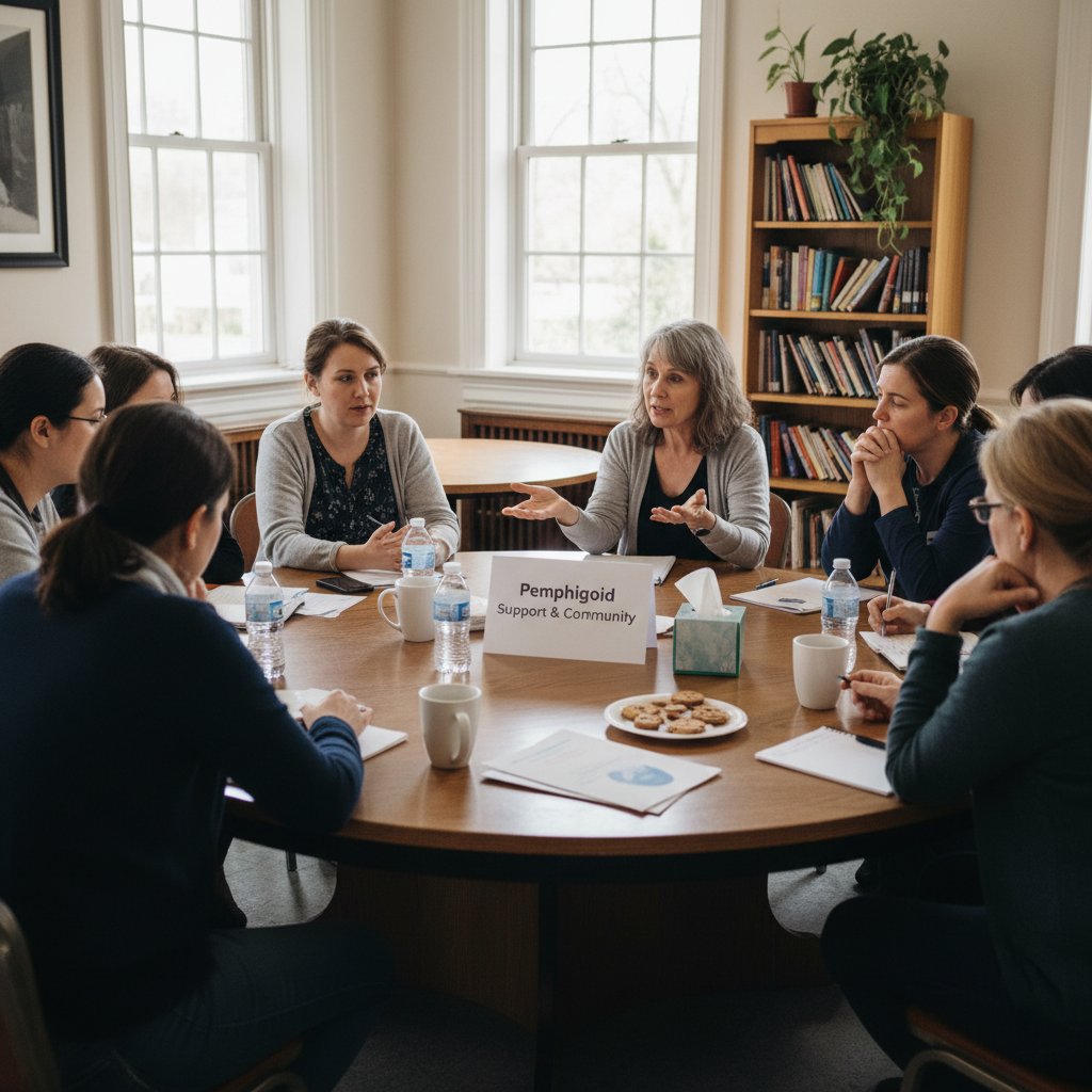 Grupa ludzi siedzących wokół stołu, wymieniających się doświadczeniami związanymi z pemfigoidem