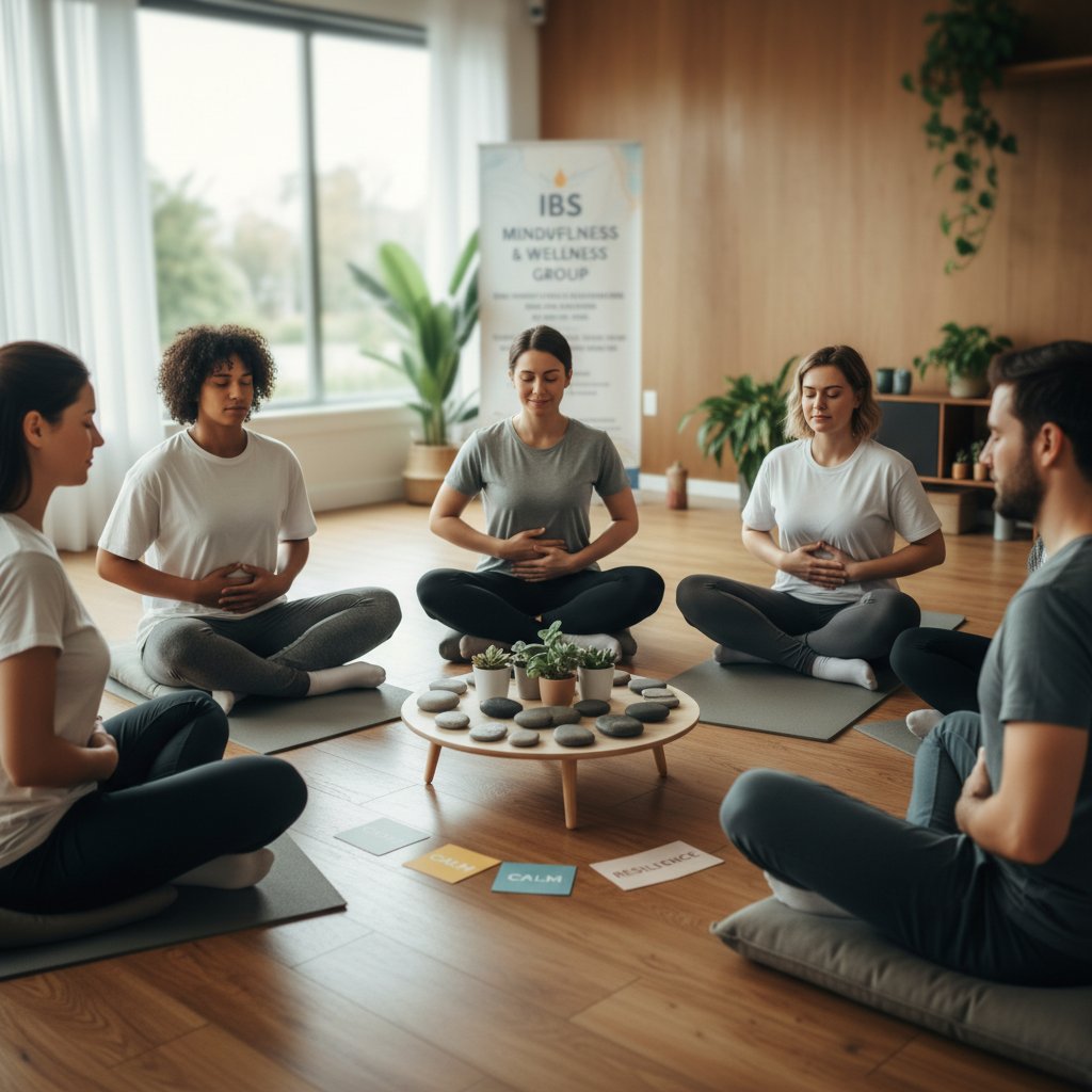 Grupa osób siedzi w kręgu, terapeuta prowadzi sesję, spokojne otoczenie, atmosfera wsparcia