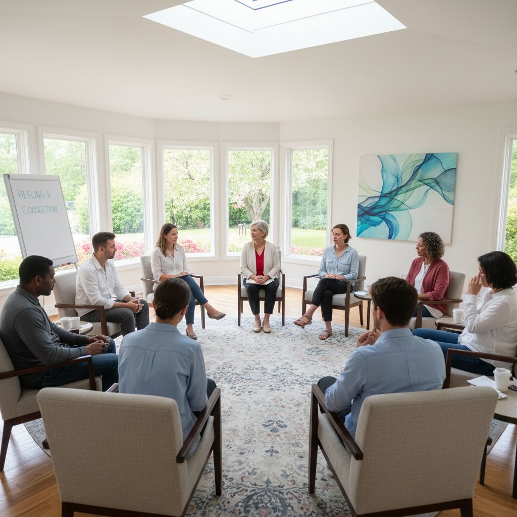 Grupa wsparcia siedzi w kręgu, terapeuta prowadzi rozmowę, atmosfera zaufania.