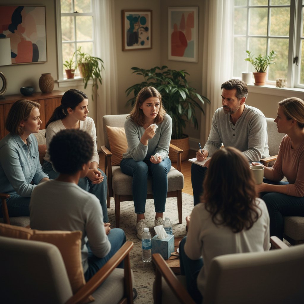 Terapia grupowa, kilka osób siedzi w kręgu, prowadzi otwartą rozmowę pod okiem specjalisty