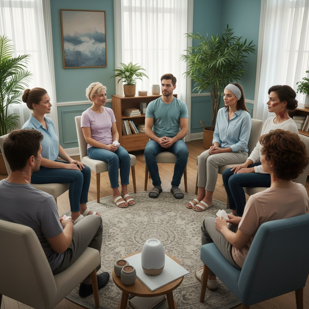 Grupa osób w sali terapeutycznej, rozmowa i wsparcie po operacji plastycznej, atmosfera bezpieczeństwa