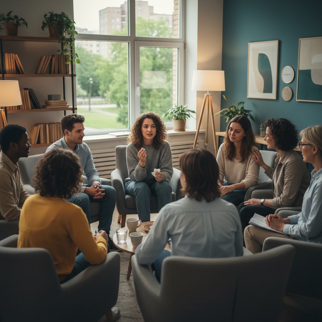 Grupa wsparcia siedząca w kręgu, młoda kobieta rozmawia z terapeutą – symbol wsparcia psychologicznego i społecznego