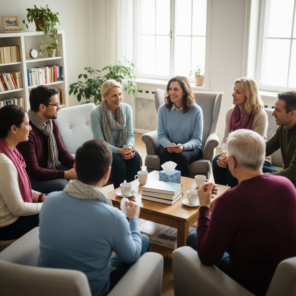 Zdjęcie grupy wsparcia dla pacjentów po raku tarczycy, rozmowa, empatia, psycholog