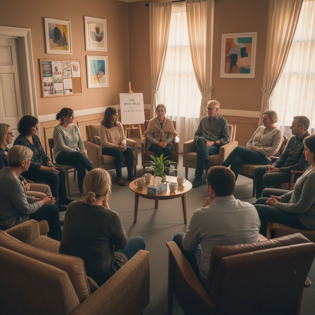 Grupa osób wspierających się nawzajem podczas spotkania, atmosfera zaufania i otwartości
