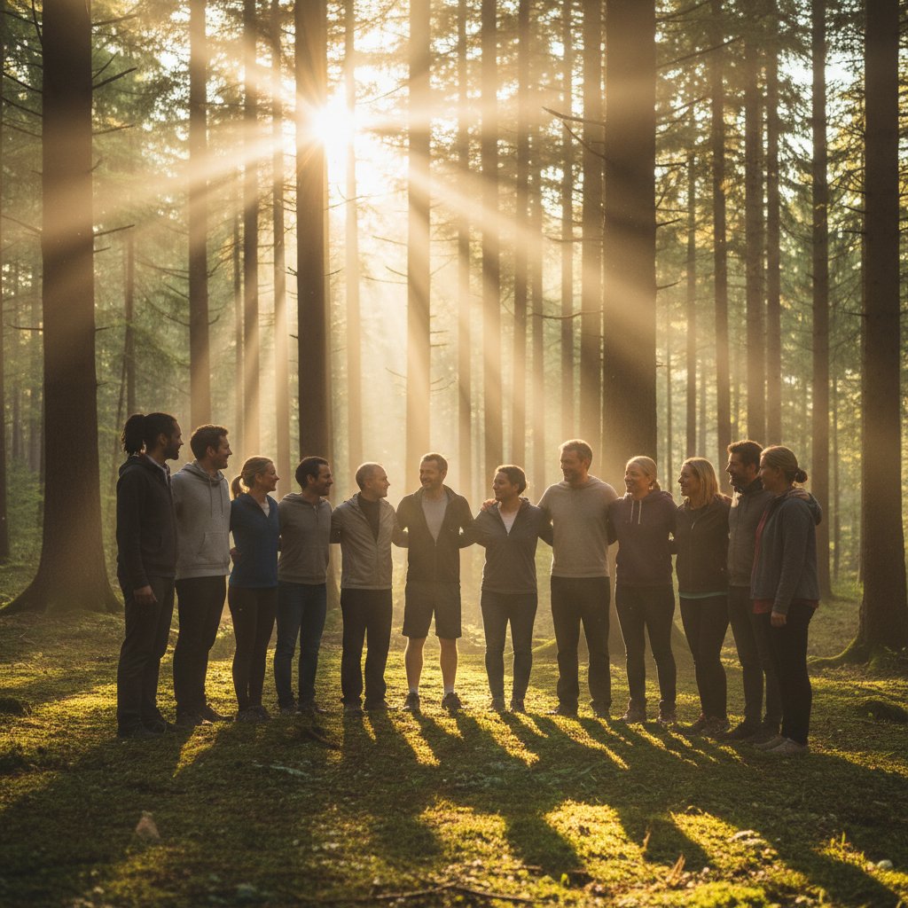 Symboliczna fotografia grupy stojącej razem pod drzewami, światło przebijające się przez liście